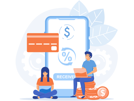 A man and a woman sitting and conducting transactions on their laptops represent flexible payment options.